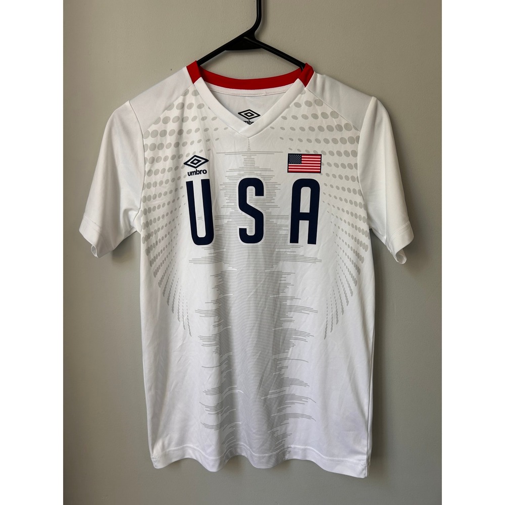 Umbro USA Soccer Jersey Kids Large 12/14 White Red V-Neck Graphic Tee